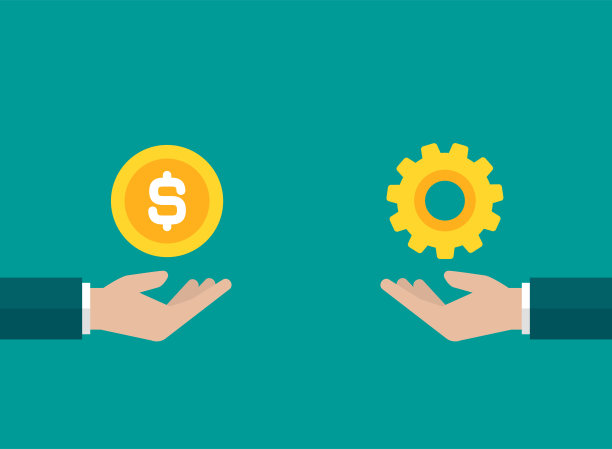 商人手里拿着一美元硬币和装备。技术或创新交流，购买理念。解决方案和费用余额。生产规模。蓝色矢量插图。图片下载