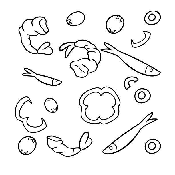 单色图片，一套烹饪食材，小鱼，虾，橄榄和辣椒片，矢量卡通图片下载