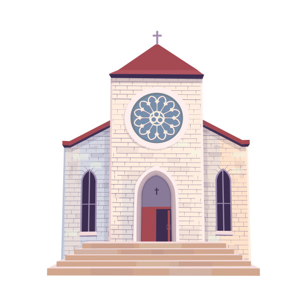 白色背景上的天主教教堂。正面的大教堂。卡通风格的宗教建筑外观。矢量图图片下载