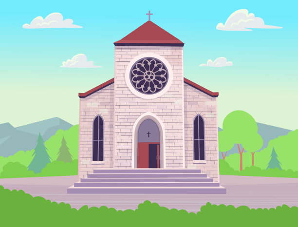 天主教堂建筑。正面的大教堂。卡通风格的宗教建筑外观。矢量图图片下载