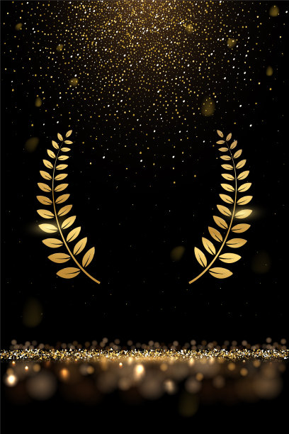 金色桂冠花环和下降闪光矢量插图。现实主义电影奖，节日魅力的节日海报的金色灰尘，从黑色背景上闪亮的颗粒的五彩纸屑雨图片下载