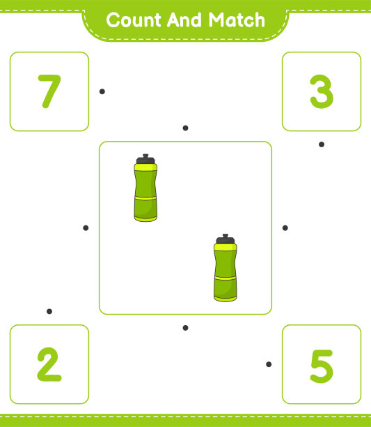 计算和匹配，计算运动水瓶的数量，并匹配正确的数字。教育儿童游戏，可打印的工作表，矢量插图图片下载