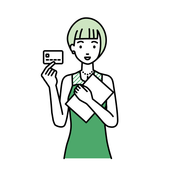 一个穿着裙子的女人拿着一张信用卡和一台文件笔记本图片下载