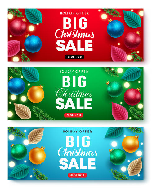 圣诞节大销售矢量横幅集。圣诞大减价文字与节日提供优惠折扣与丰富多彩的装饰元素的圣诞季购物促销。图片下载