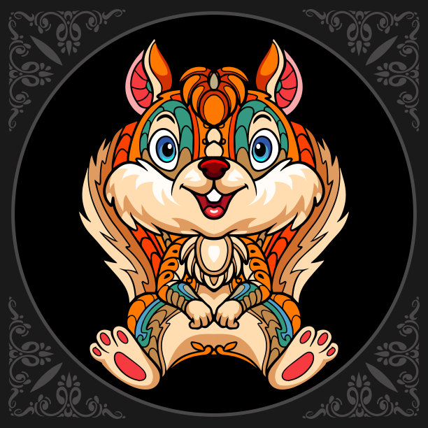 彩色松鼠艺术孤立在黑色背景图片下载