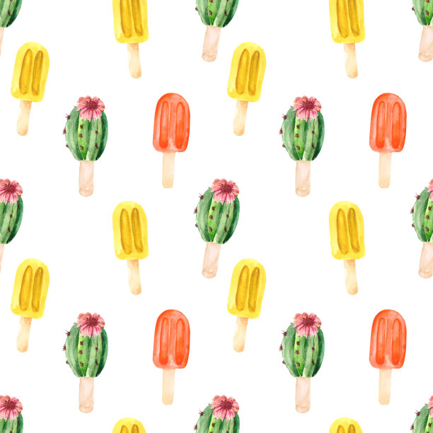 水彩原始背景与仙人掌和水果冰淇淋在一根棍子。无缝图案明亮多彩的墙纸，纺织品，包装，办公室和床上用品。图片下载