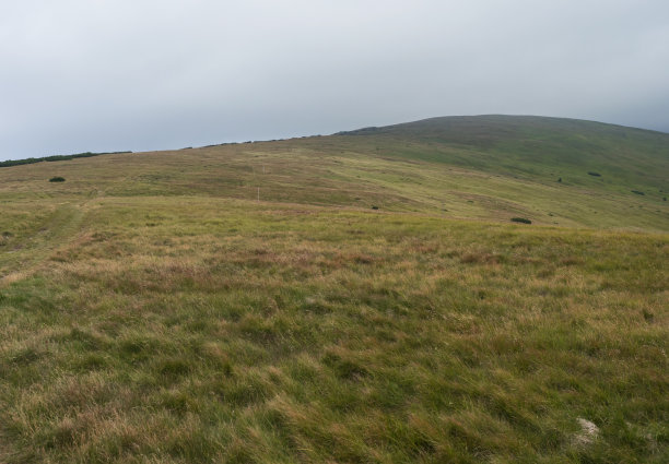 徒步小径从Chopok在山区草地，草坡与浓雾和云。低塔特拉斯山脉山脊，斯洛伐克，夏末有风的一天图片下载