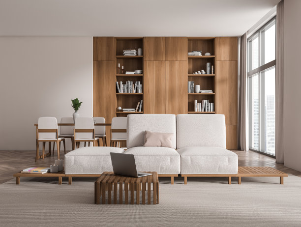 明亮的客厅内部设有放松和用餐区，全景窗图片下载