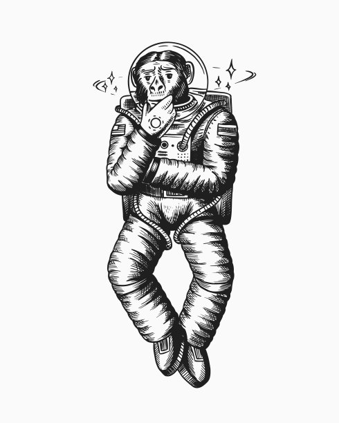 猴子宇航员。沉思的深思熟虑的姿势。黑猩猩、太空人、太空人的性格。时尚的动物。手绘雕刻老单色素描。矢量插图t恤，纹身图片下载
