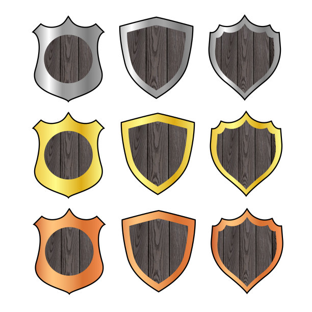 套游戏铜，银，金盾牌，卡通中世纪盔甲的金属和木材装饰。骑士弹药，铁或木制保护屏幕集合，ui设计元素，孤立的矢量图标，剪贴画图片下载