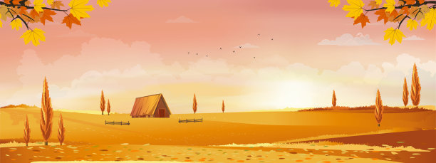 秋天的田野，夕阳西下素材图片