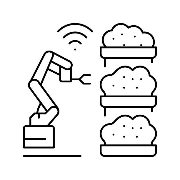 机器人农民智能农场线图标矢量插图图片下载