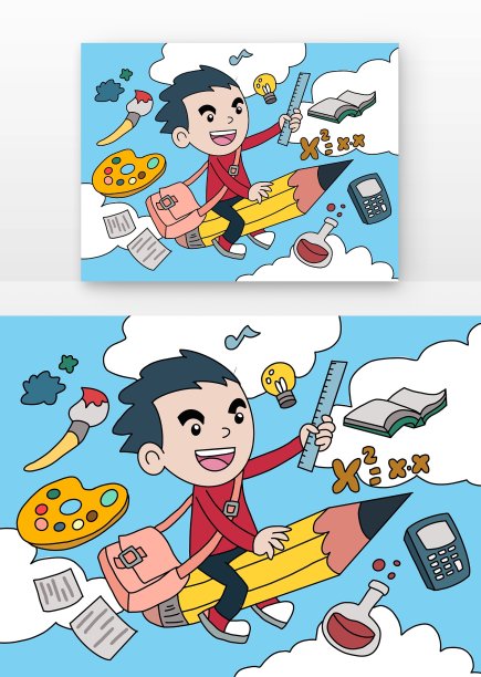 卡通学生坐在铅笔上图片下载