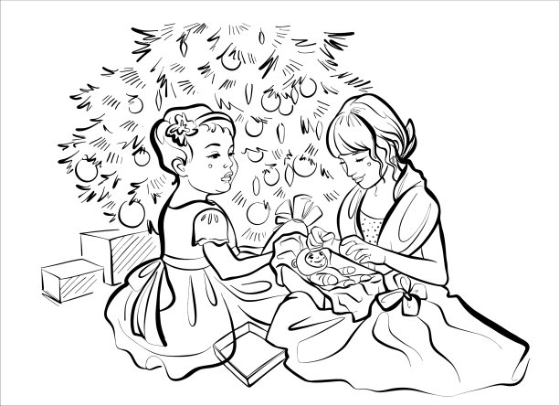 小姐姐女孩在圣诞树下打开图片下载