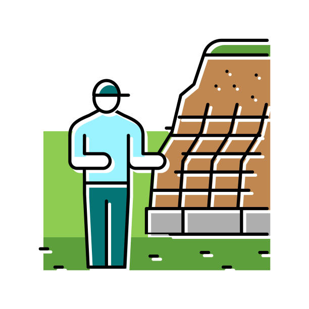 挡土墙安装修复彩色图标矢量插图图片下载