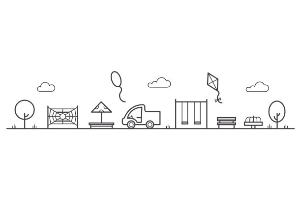 儿童游乐场有秋千、沙盘和长凳图片下载