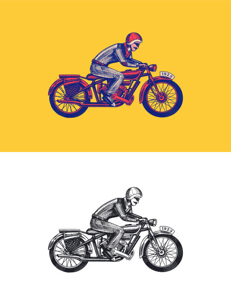 摩托车为摩托车俱乐部模板。复古定制徽章，标签徽章。t恤上的赛车手。单色的复古风格。经典运动摩托车。手绘雕刻素描图片下载