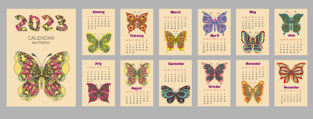 日历2023与蝴蝶的风格。一周从周日开始。图片下载
