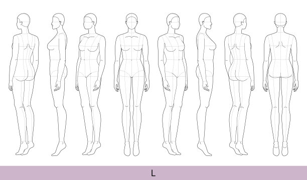 L女性时装模板9 9头大小Croquis oversize与主线女士模型曲线身体数字前，侧，3-4，背面视图。矢量轮廓素描女孩插画，技术制图图片下载