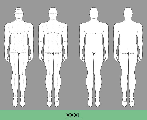 套装XXXL男子时尚模板特大号9 9头大小Croquis oversize绅士模型曲线身材前背面视图。矢量轮廓男孩时装设计，插图，技术制图图片下载