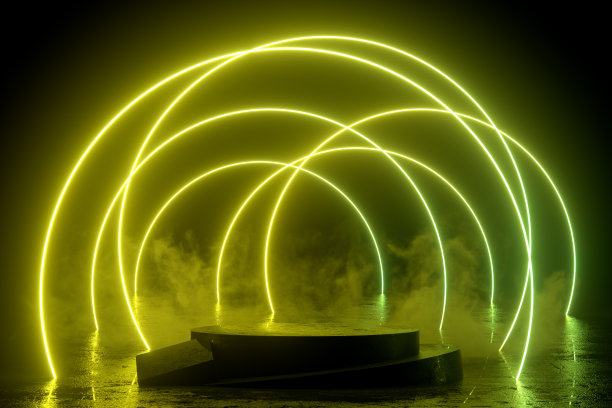 空的产品站，讲台，平台在黑暗的房间与紫外线霓虹灯激光发光线图片下载