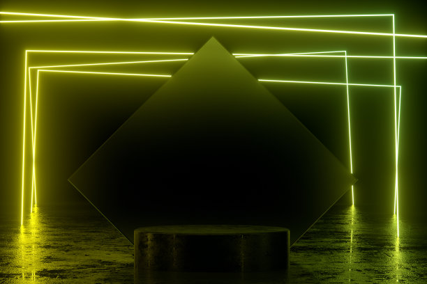 空的产品站，讲台，平台在黑暗的房间与紫外线霓虹灯激光发光线图片下载