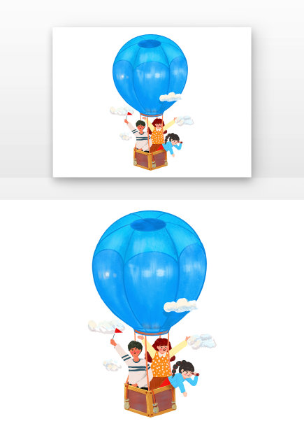 蓝色可爱人物动物乘坐热气球出游元素图片下载