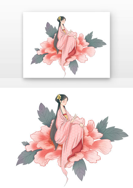 红色古风坐姿女生牡丹花元素图片下载