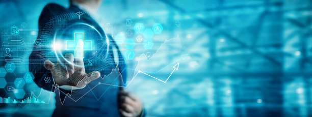 商人触摸医疗商务网，搜索医疗商务服务和健康保险。数字医疗技术支持人们的健康监测和全球治疗业务。图片下载