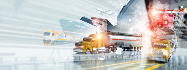 商人用平板电脑对全球物流运输网络配送和联网智能物流进出口和工业，Ui，创新运输业务的未来。图片下载