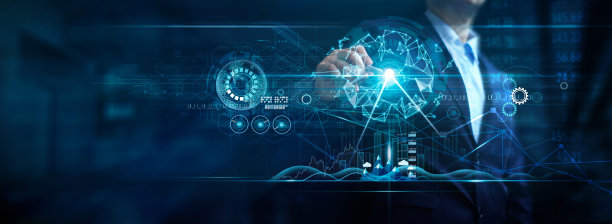 商人在深蓝色的背景上绘制业务增长图和进度图，分析全球网络、业务规划和战略的财务和投资数据。图片下载