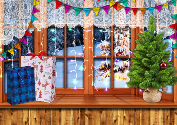 新年和圣诞树和礼物包裹在一个窗口的背景与一个冬天的雪景观墙纸设计图片下载