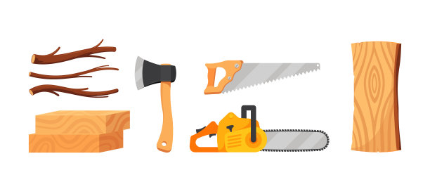 一套伐木工工具，树枝木制的图片下载