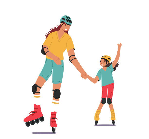 母亲和小女儿一起滑旱冰图片下载