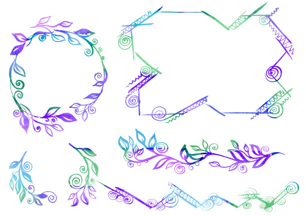 水彩复古画框写意。集绿色、蓝绿色、蓝色、紫罗兰色框架，抽象元素。信息图表、目录的背景。图片下载