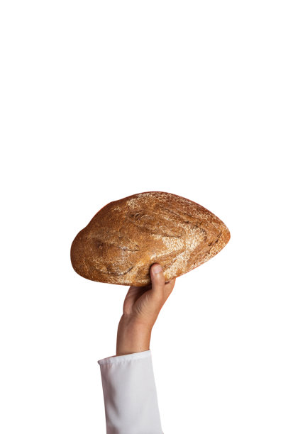 白色背景上拿着面包的男人的手图片下载