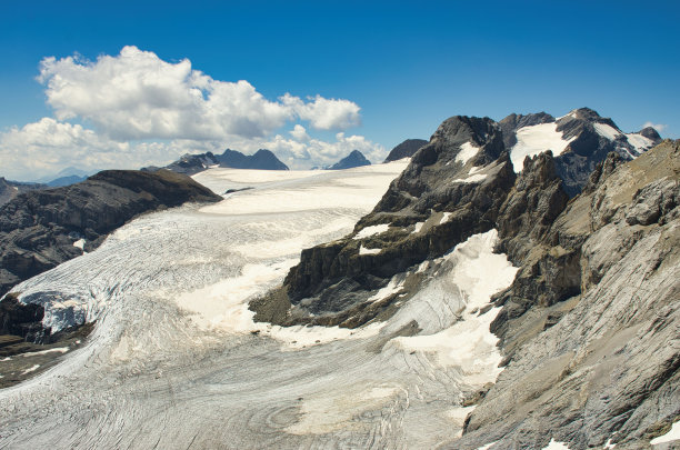 克拉瑞登冰川和冰川湖的景色。在格拉鲁斯阿尔卑斯山徒步旅行。气候、冰川融化。高质量的照片图片下载
