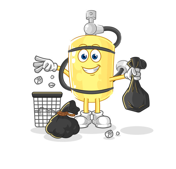 潜水员圆柱体扔垃圾吉祥物卡通图片下载