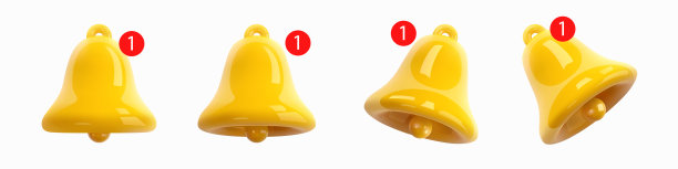 3d通知铃图标设置孤立在白色背景。3D渲染的闪亮黄色铃铛，带有新的社交媒体提醒通知。空间中的不同位置。现实的向量图片下载