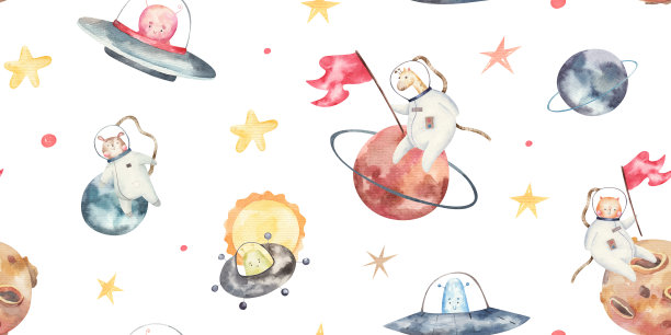 幼稚有趣的水彩无缝图案与空间，宇宙插图。宝宝无尽的背景、图案、印花、纺织图片下载