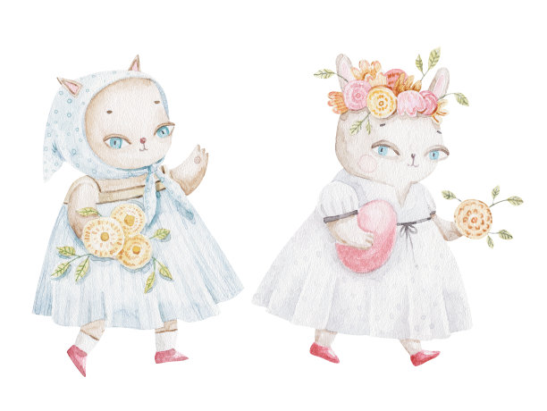 复活节动物花束，可爱幼稚的水彩插图在白色的背景图片下载
