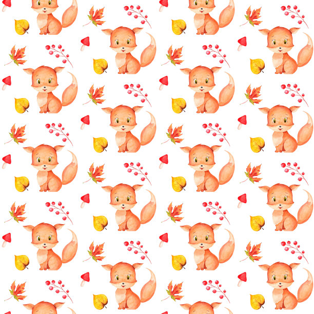 水彩无缝图案可爱的狐狸，秋天的叶子，蘑菇和树枝。在白色背景上手绘秋季图案。图片下载