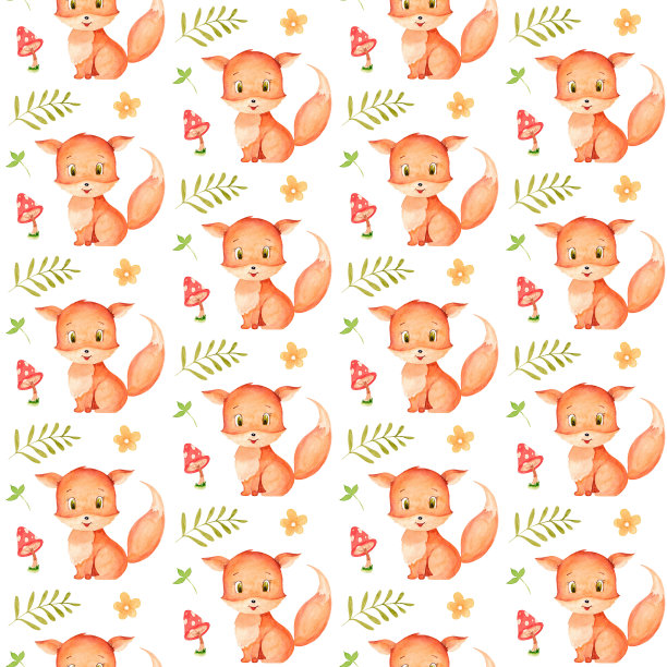 水彩无缝图案与狐狸，蘑菇等植物。林地托儿所。伟大的设计面料，墙纸，婴儿淋浴，生日派对。图片下载