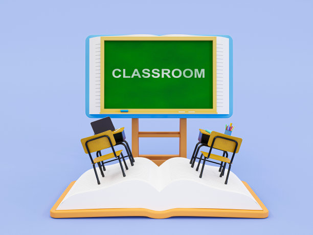 3 d最小的教室。教室设备的概念。研究空间。学校黑板上有书本、桌子、椅子等教育用品。3 d渲染插图。图片下载