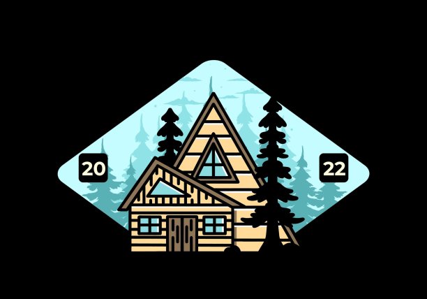 美学木屋之间的两棵松树插图徽章设计图片下载