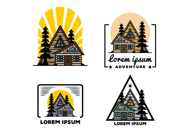 美学木屋之间的两棵松树插图徽章设计图片下载