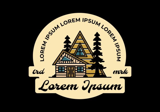 美学木屋之间的两棵松树插图徽章设计图片下载