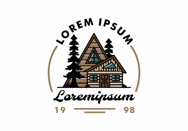 美学木屋之间的两棵松树插图徽章设计图片下载