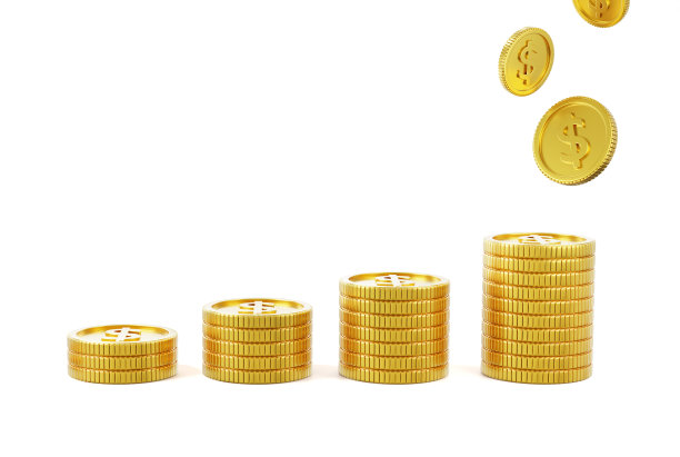 堆叠现实的许多金币溅在白色背景。货币价值或收入增加概念。现金宝的概念。向量的三维演示图片下载