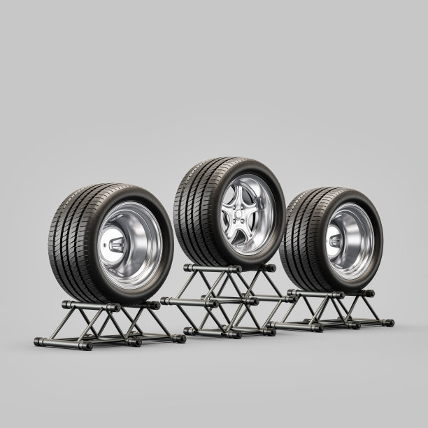 白色背景的车轮。孤立的汽车轮胎与闪亮的轮辋在轮胎架。三维渲染图片下载